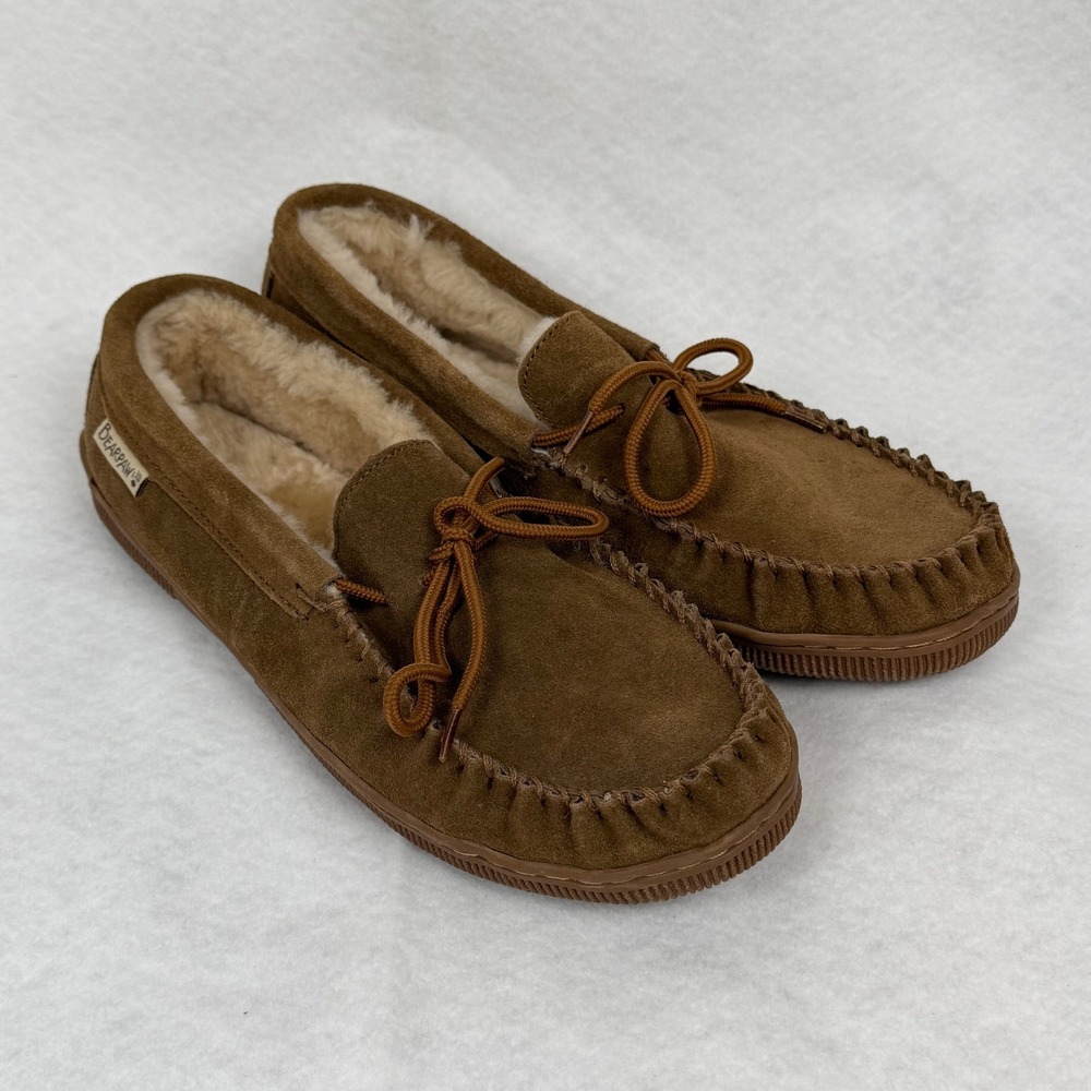 Bearpaw Suede Moccasin Slippers Mens 12 Brown Faux Fur Lined Cabin Cozy Shoes